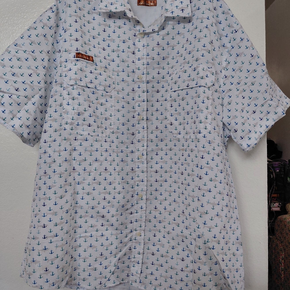 Men's Short-Sleeve Anchor Print Button-Down Shirt - White/Blue